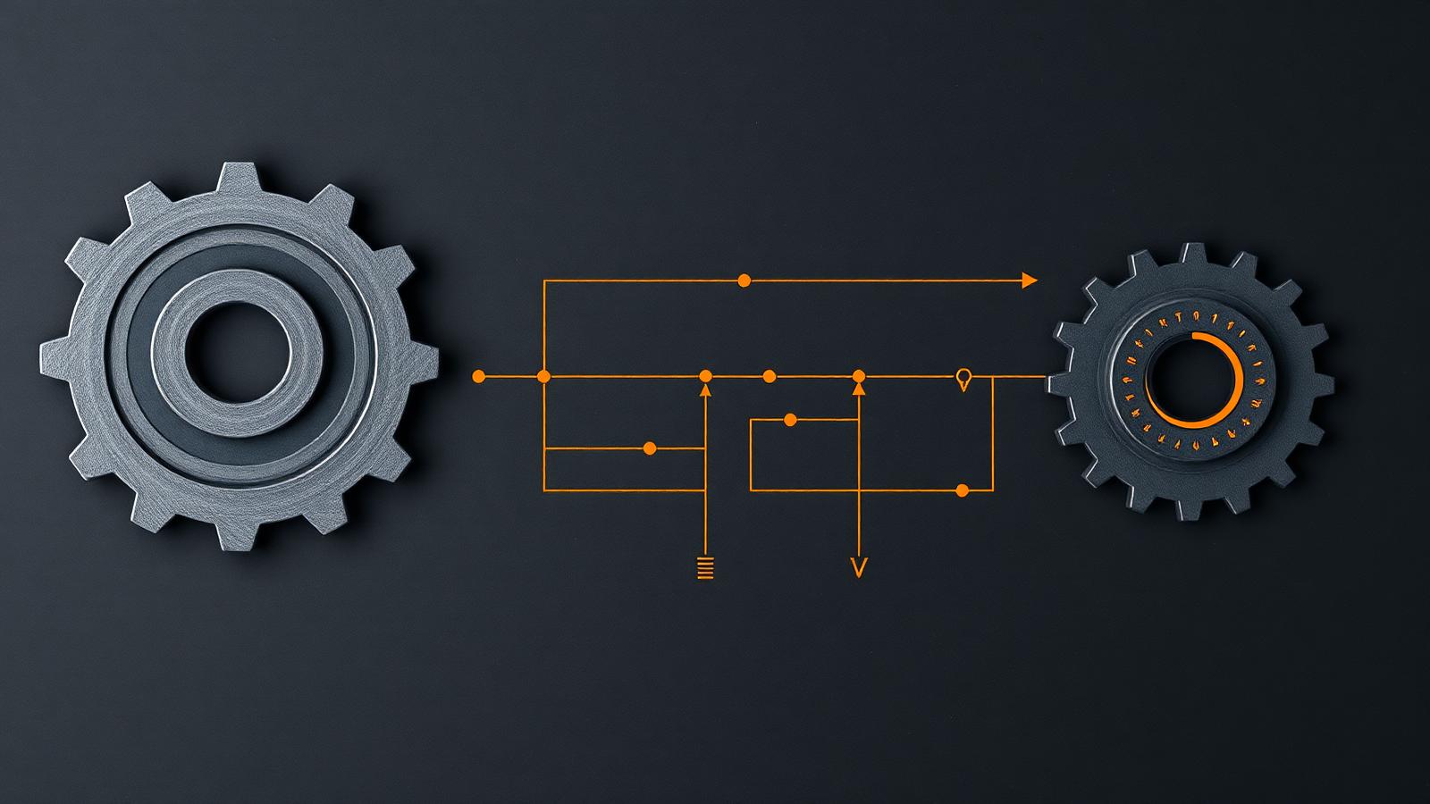 Engineering schematic of two gears linked by an automated process flow diagram