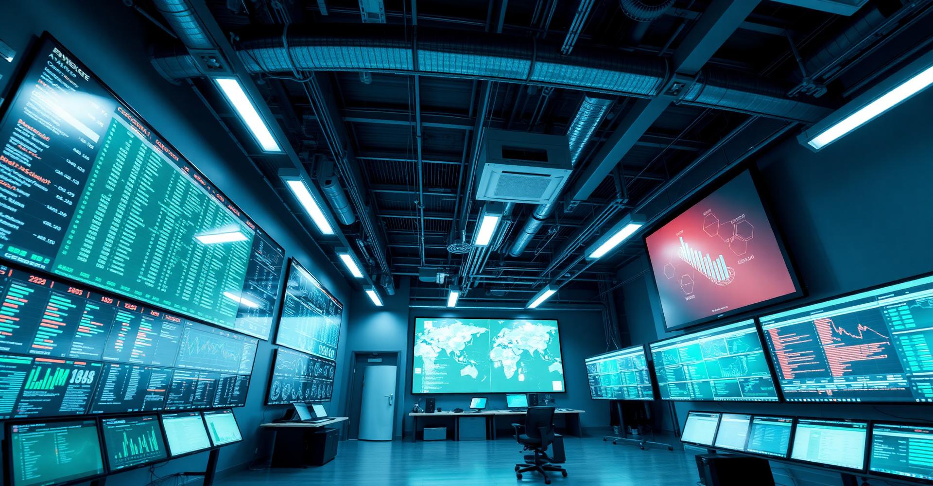 Wide view of a technology operations centre with large monitoring displays
