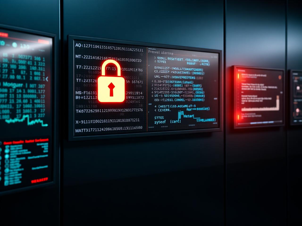 Security monitoring screens displaying encrypted data and access indicators