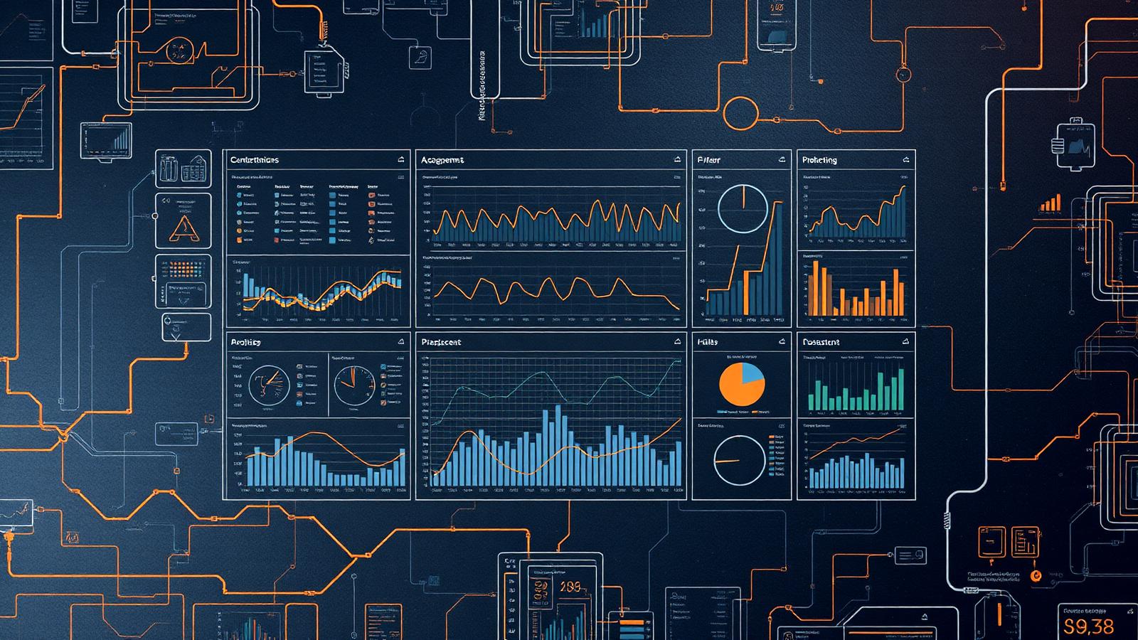 Schematic of data pipelines feeding analytical dashboards