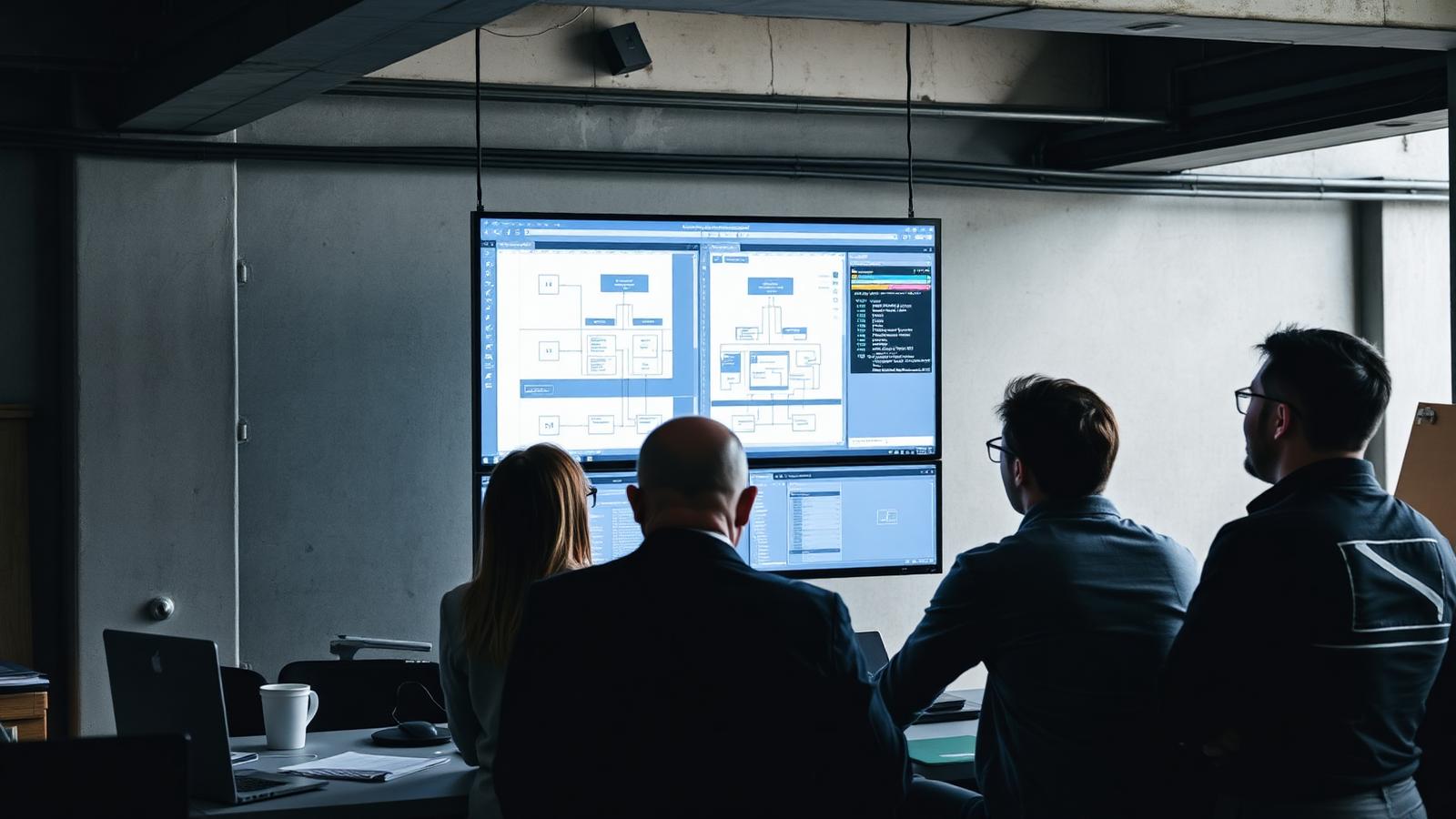 Development team reviewing architecture diagrams displayed on a wall-mounted screen