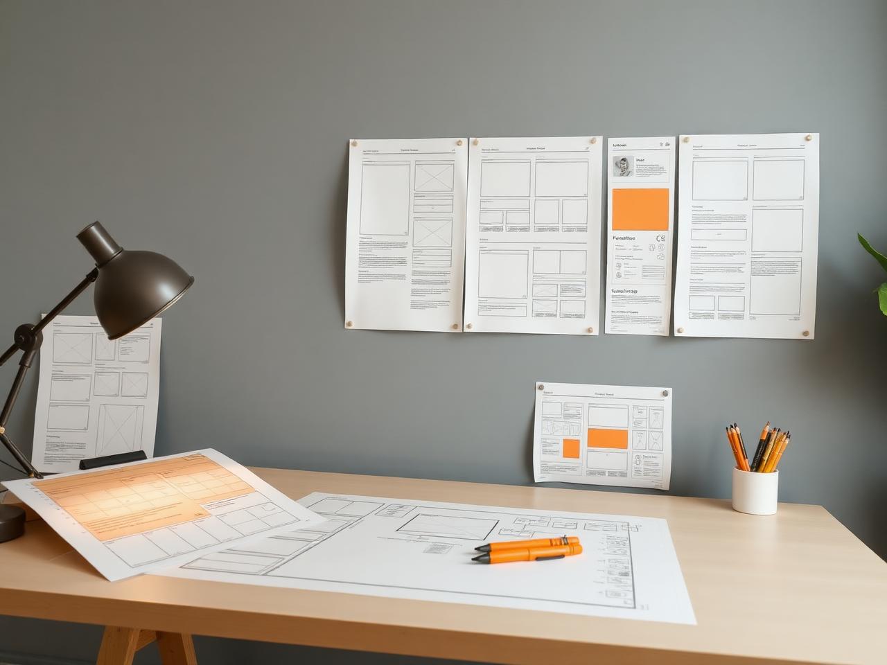 Product design wireframes and specification sheets arranged on a studio wall and desk